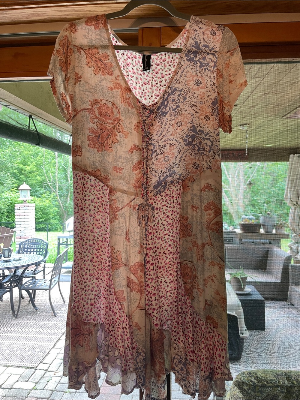 Sacred Threads Patchwork Floral Midi Dress in Peach and Mauve